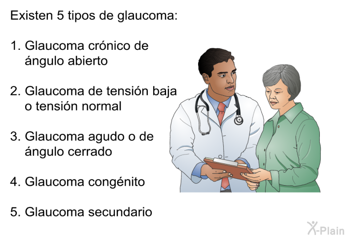 Existen 5 tipos de glaucoma:  Glaucoma crnico de ngulo abierto Glaucoma de tensin baja o tensin normal Glaucoma agudo o de ngulo cerrado Glaucoma congnito Glaucoma secundario