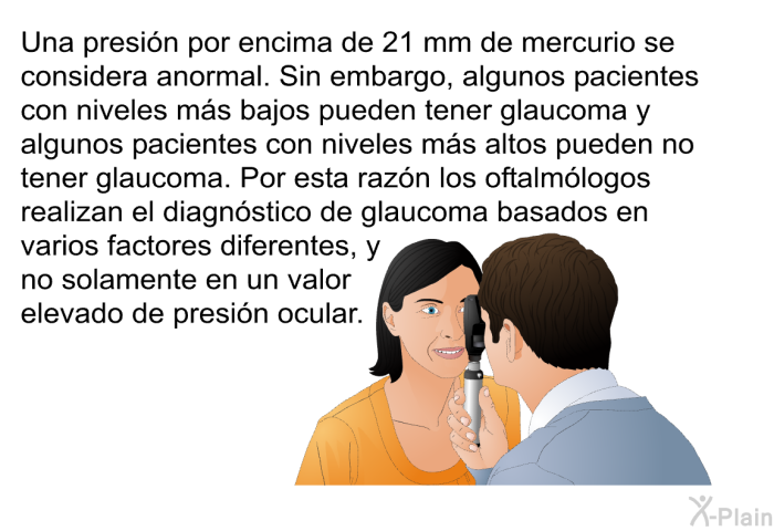 Una presin por encima de 21 mm de mercurio se considera anormal. Sin embargo, algunos pacientes con niveles ms bajos pueden tener glaucoma y algunos pacientes con niveles ms altos pueden no tener glaucoma. Por esta razn los oftalmlogos realizan el diagnstico de glaucoma basados en varios factores diferentes, y no solamente en un valor elevado de presin ocular.