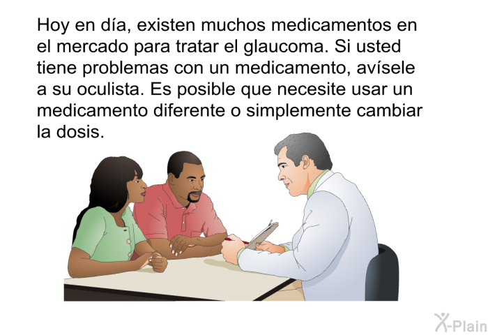 Hoy en da, existen muchos medicamentos en el mercado para tratar el glaucoma. Si usted tiene problemas con un medicamento, avsele a su oculista. Es posible que necesite usar un medicamento diferente o simplemente cambiar la dosis.