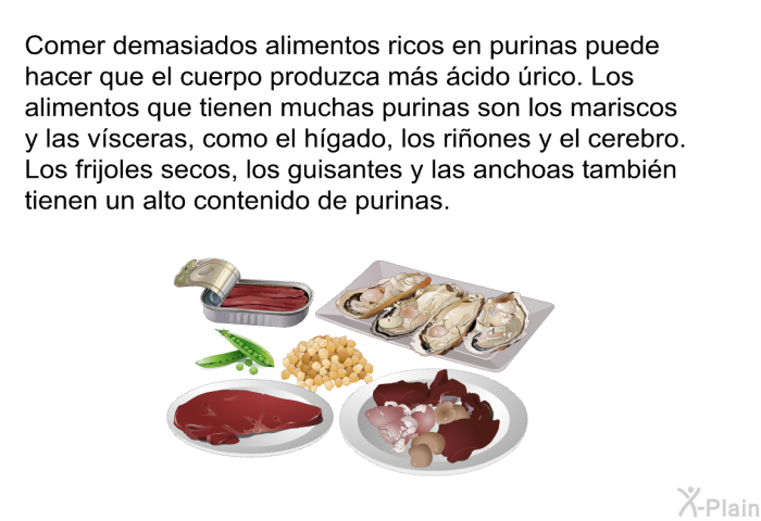 Comer demasiados alimentos ricos en purinas puede hacer que el cuerpo produzca m�s �cido �rico. Los alimentos que tienen muchas purinas son los mariscos y las v�sceras, como el h�gado, los ri�ones y el cerebro. Los frijoles secos, los guisantes y las anchoas tambi�n tienen un alto contenido de purinas.
