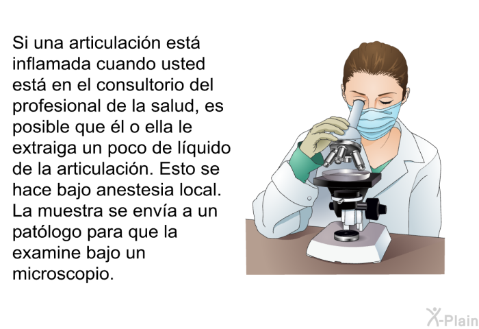 Si una articulacin est inflamada cuando usted est en el consultorio del profesional de la salud, es posible que l o ella le extraiga un poco de lquido de la articulacin. Esto se hace bajo anestesia local. La muestra se enva a un patlogo para que la examine bajo un microscopio.