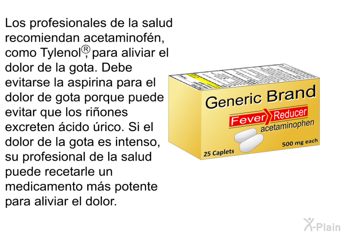 Los profesionales de la salud recomiendan acetaminofn, como Tylenol<SUP></SUP>, para aliviar el dolor de la gota. Debe evitarse la aspirina para el dolor de gota porque puede evitar que los riones excreten cido rico. Si el dolor de la gota es intenso, su profesional de la salud puede recetarle un medicamento ms potente para aliviar el dolor.