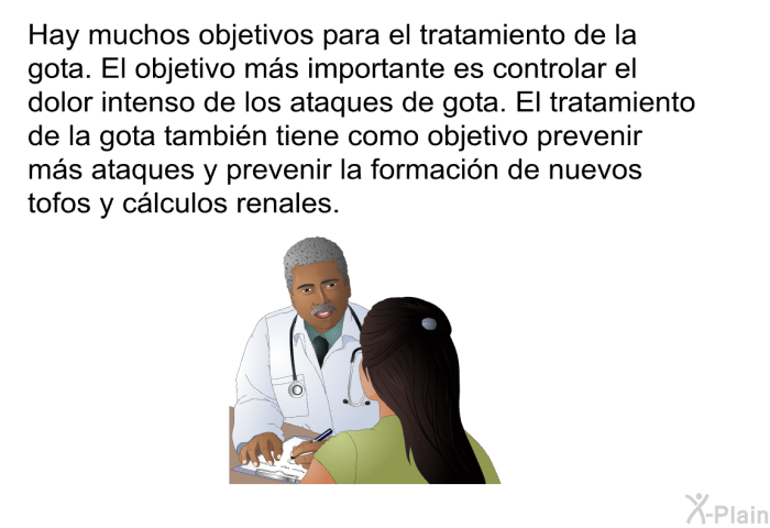 Hay muchos objetivos para el tratamiento de la gota. El objetivo ms importante es controlar el dolor intenso de los ataques de gota. El tratamiento de la gota tambin tiene como objetivo prevenir ms ataques y prevenir la formacin de nuevos tofos y clculos renales.
