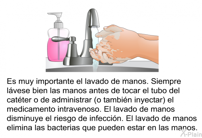 Es muy importante el lavado de manos. Siempre lvese bien las manos antes de tocar el tubo del catter o de administrar (o tambin inyectar) el medicamento intravenoso. El lavado de manos disminuye el riesgo de infeccin. El lavado de manos elimina las bacterias que pueden estar en las manos.