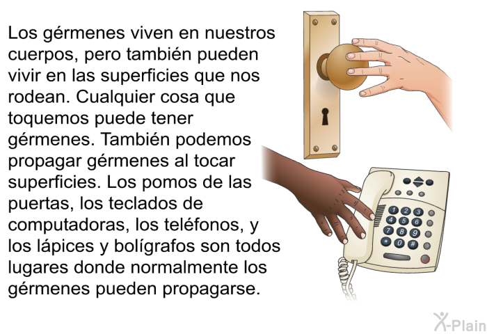 Los grmenes viven en nuestros cuerpos, pero tambin pueden vivir en las superficies que nos rodean. Cualquier cosa que toquemos puede tener grmenes. Tambin podemos propagar grmenes al tocar superficies. Los pomos de las puertas, los teclados de computadoras, los telfonos, y los lpices y bolgrafos son todos lugares donde normalmente los grmenes pueden propagarse.