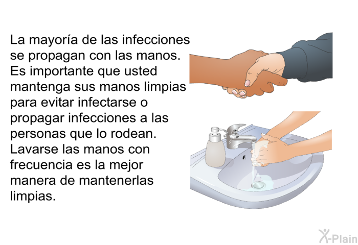 La mayora de las infecciones se propagan con las manos. Es importante que usted mantenga sus manos limpias para evitar infectarse o propagar infecciones a las personas que lo rodean. Lavarse las manos con frecuencia es la mejor manera de mantenerlas limpias.