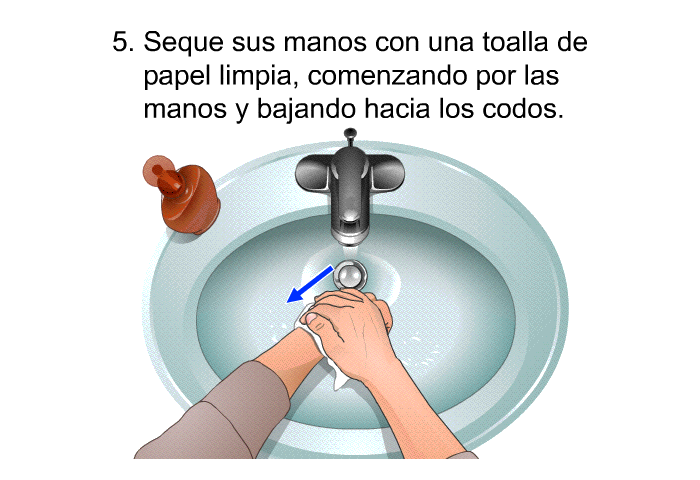 Seque sus manos con una toalla de papel limpia, comenzando por las manos y bajando hacia los codos.