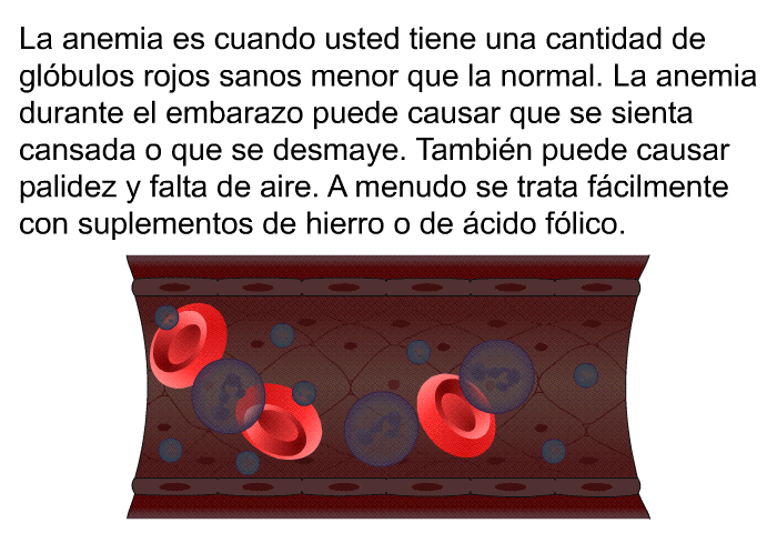 La anemia es cuando usted tiene una cantidad de gl�bulos rojos sanos menor que la normal. La anemia durante el embarazo puede causar que se sienta cansada o que se desmaye. Tambi�n puede causar palidez y falta de aire. A menudo se trata f�cilmente con suplementos de hierro o de �cido f�lico.