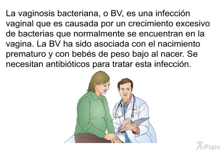 La vaginosis bacteriana, o BV, es una infeccin vaginal que es causada por un crecimiento excesivo de bacterias que normalmente se encuentran en la vagina. La BV ha sido asociada con el nacimiento prematuro y con bebs de peso bajo al nacer. Se necesitan antibiticos para tratar esta infeccin.