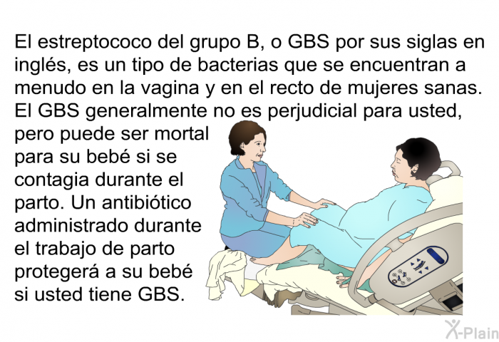 El estreptococo del grupo B, o GBS por sus siglas en ingls, es un tipo de bacterias que se encuentran a menudo en la vagina y en el recto de mujeres sanas. El GBS generalmente no es perjudicial para usted, pero puede ser mortal para su beb si se contagia durante el parto. Un antibitico administrado durante el trabajo de parto proteger a su beb si usted tiene GBS.