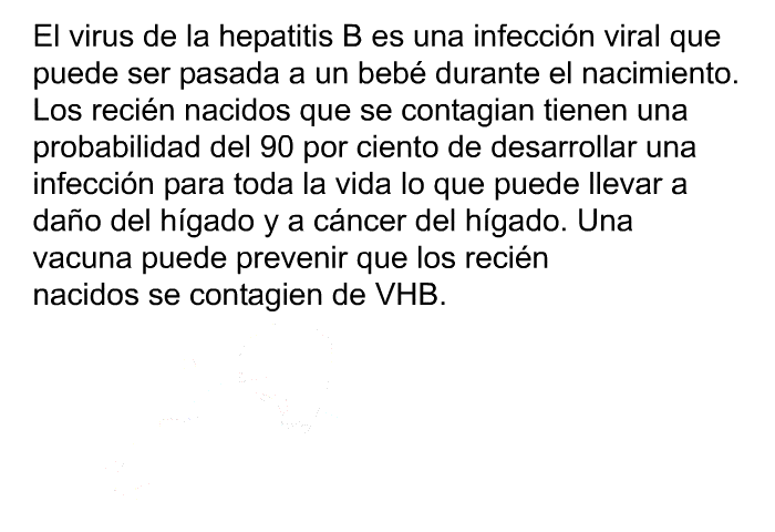 El virus de la hepatitis B es una infeccin viral que puede ser pasada a un beb durante el nacimiento. Los recin nacidos que se contagian tienen una probabilidad del 90 por ciento de desarrollar una infeccin para toda la vida lo que puede llevar a dao del hgado y a cncer del hgado. Una vacuna puede prevenir que los recin nacidos se contagien de VHB.