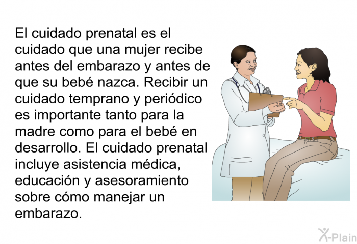 El cuidado prenatal es el cuidado que una mujer recibe antes del embarazo y antes de que su beb nazca. Recibir un cuidado temprano y peridico es importante tanto para la madre como para el beb en desarrollo. El cuidado prenatal incluye asistencia mdica, educacin y asesoramiento sobre cmo manejar un embarazo.