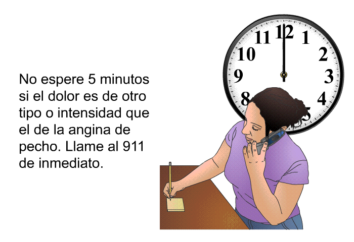 No espere 5 minutos si el dolor es de otro tipo o intensidad que el de la angina de pecho. Llame al 911 de inmediato.