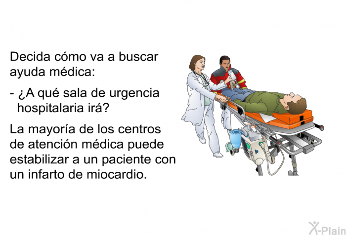 Decida cmo va a buscar ayuda mdica:  ¿A qu sala de urgencia hospitalaria ir?  
 La mayora de los centros de atencin mdica puede estabilizar a un paciente con un infarto de miocardio.