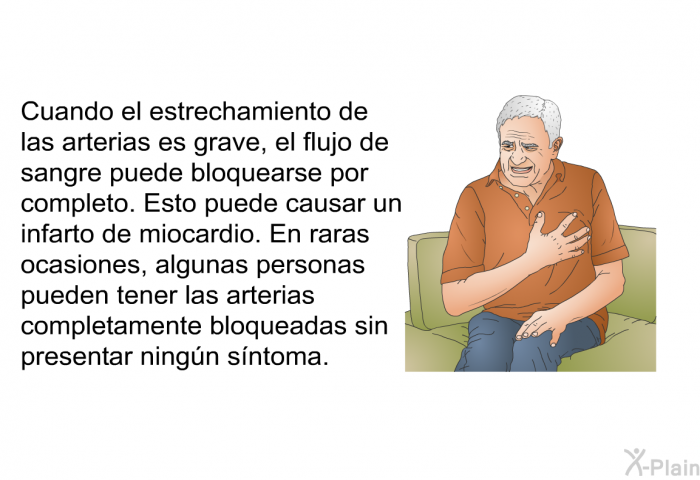 Cuando el estrechamiento de las arterias es grave, el flujo de sangre puede bloquearse por completo. Esto puede causar un infarto de miocardio. En raras ocasiones, algunas personas pueden tener las arterias completamente bloqueadas sin presentar ningn sntoma.