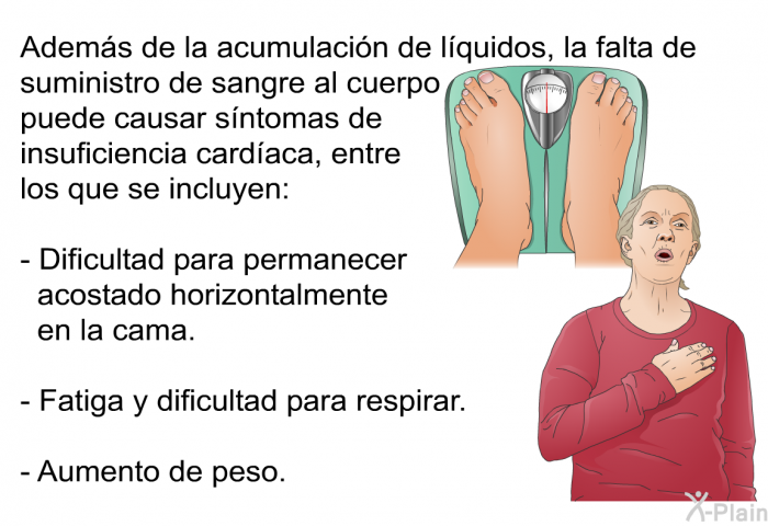 Adems de la acumulacin de lquidos, la falta de suministro de sangre al cuerpo puede causar sntomas de insuficiencia cardaca, entre los que se incluyen:  Dificultad para permanecer acostado horizontalmente en la cama. Fatiga y dificultad para respirar. Aumento de peso.