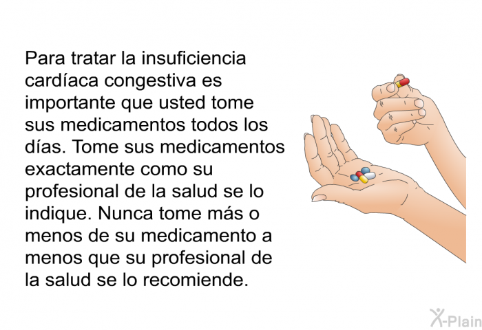 Para tratar la insuficiencia cardaca congestiva es importante que usted tome sus medicamentos todos los das. Tome sus medicamentos exactamente como su profesional de la salud se lo indique. Nunca tome ms o menos de su medicamento a menos que su profesional de la salud se lo recomiende.