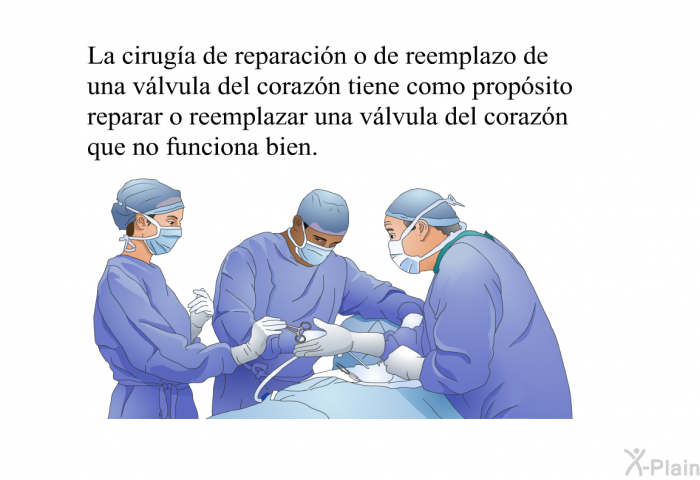 La ciruga de reparacin o de reemplazo de una vlvula del corazn tiene como propsito reparar o reemplazar una vlvula del corazn que no funciona bien.