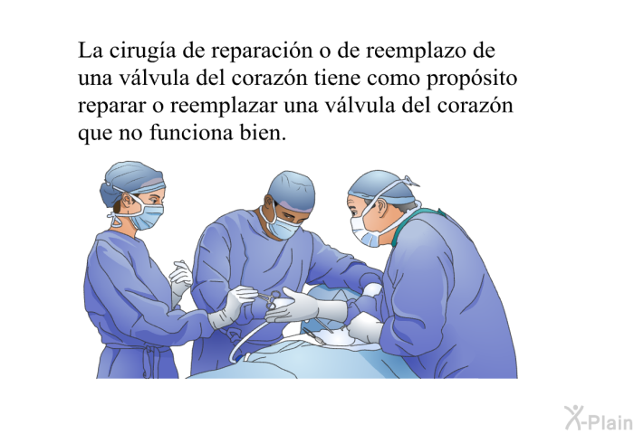 La ciruga de reparacin o de reemplazo de una vlvula del corazn tiene como propsito reparar o reemplazar una vlvula del corazn que no funciona bien.