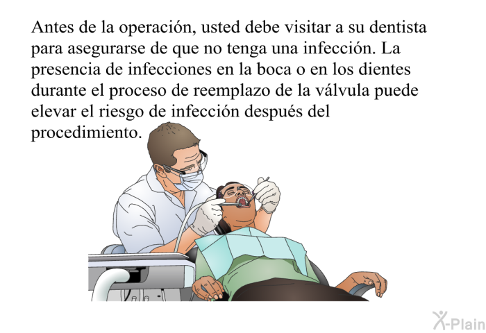 Antes de la operacin, usted debe visitar a su dentista para asegurarse de que no tenga una infeccin. La presencia de infecciones en la boca o en los dientes durante el proceso de reemplazo de la vlvula puede elevar el riesgo de infeccin despus del procedimiento.