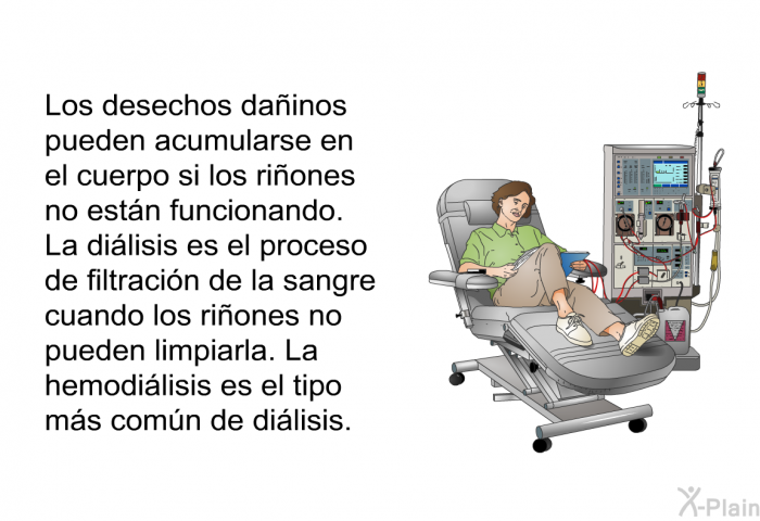 Los desechos dainos pueden acumularse en el cuerpo si los riones no estn funcionando. La dilisis es el proceso de filtracin de la sangre cuando los riones no pueden limpiarla. La hemodilisis es el tipo ms comn de dilisis.