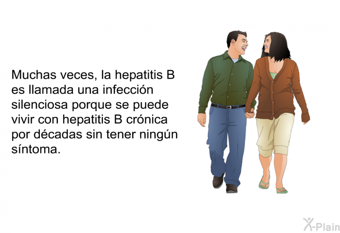 Muchas veces, la hepatitis B es llamada una infeccin silenciosa porque se puede vivir con hepatitis B crnica por dcadas sin tener ningn sntoma.
