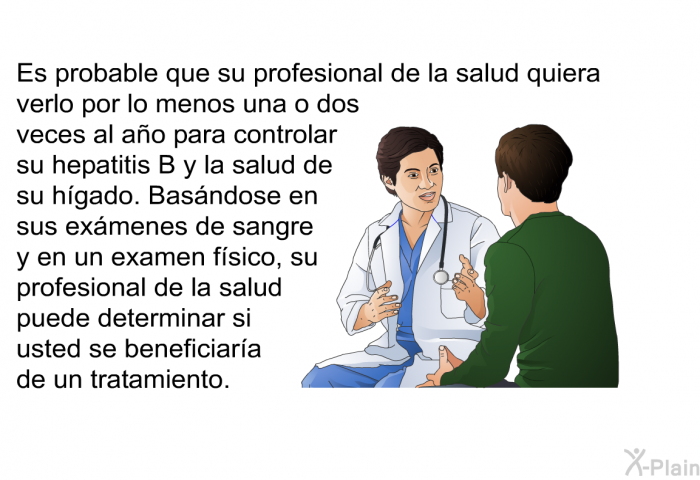 Es probable que su profesional de la salud quiera verlo por lo menos una o dos veces al ao para controlar su hepatitis B y la salud de su hgado. Basndose en sus exmenes de sangre y en un examen fsico, su profesional de la salud puede determinar si usted se beneficiara de un tratamiento.