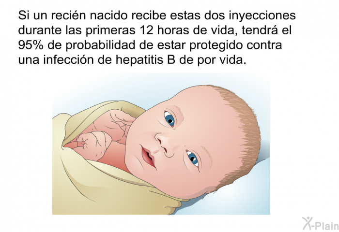 Si un reci�n nacido recibe estas dos inyecciones durante las primeras 12 horas de vida, tendr� el 95% de probabilidad de estar protegido contra una infecci�n de hepatitis B de por vida.