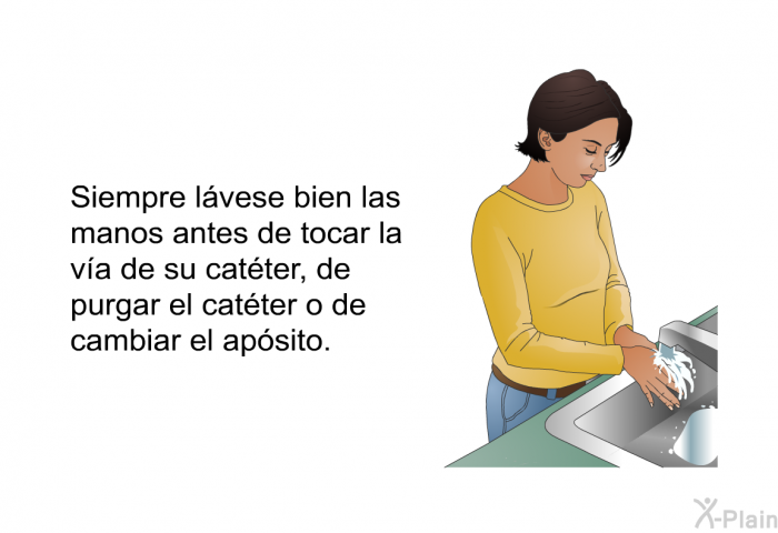 Siempre lvese bien las manos antes de tocar la va de su catter, de purgar el catter o de cambiar el apsito.