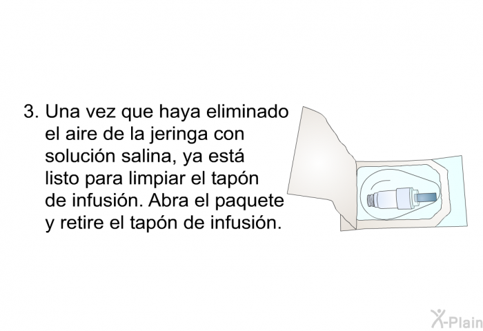 Una vez que haya eliminado el aire de la jeringa con soluci�n salina, ya est� listo para limpiar el tap�n de infusi�n. Abra el paquete y retire el tap�n de infusi�n.