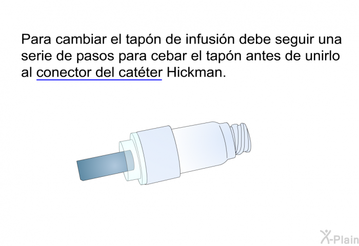 Para cambiar el tap�n de infusi�n debe seguir una serie de pasos para cebar el tap�n antes de unirlo al conector del cat�ter Hickman.