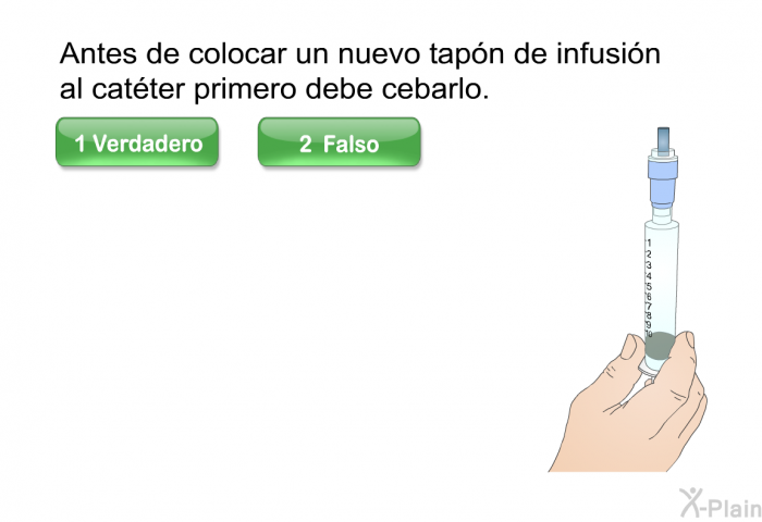 Antes de colocar un nuevo tapn de infusin al catter primero debe cebarlo.