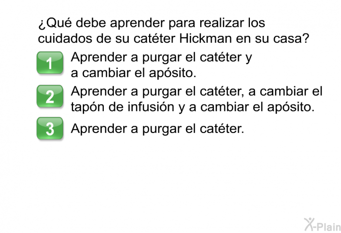 ¿Qu debe aprender para realizar los cuidados de su catter Hickman en su casa?   Aprender a purgar el catter y a cambiar el apsito. Aprender a purgar el catter, a cambiar el tapn de infusin y a cambiar el apsito. Aprender a purgar el catter.