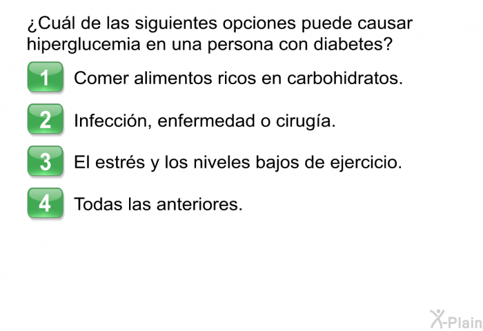 &iquest;Cu�l de las siguientes opciones puede causar hiperglucemia en una persona con diabetes?  Comer alimentos ricos en carbohidratos. Infecci�n, enfermedad o cirug�a. El estr�s y los niveles bajos de ejercicio. Todas las anteriores.