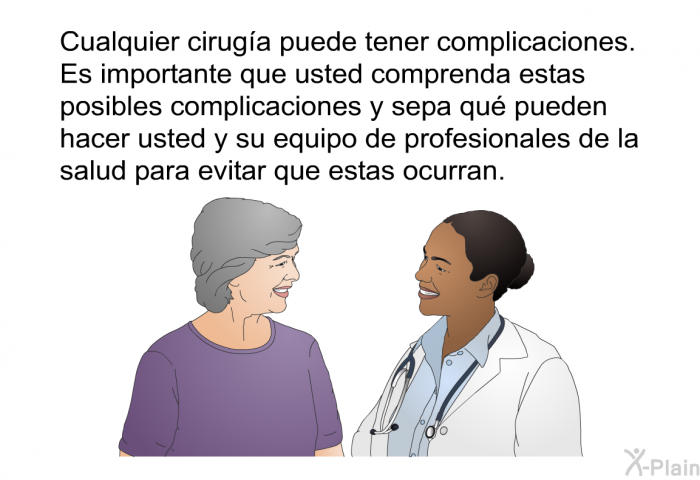 Cualquier ciruga puede tener complicaciones. Es importante que usted comprenda estas posibles complicaciones y sepa qu pueden hacer usted y su equipo de profesionales de la salud para evitar que estas ocurran.