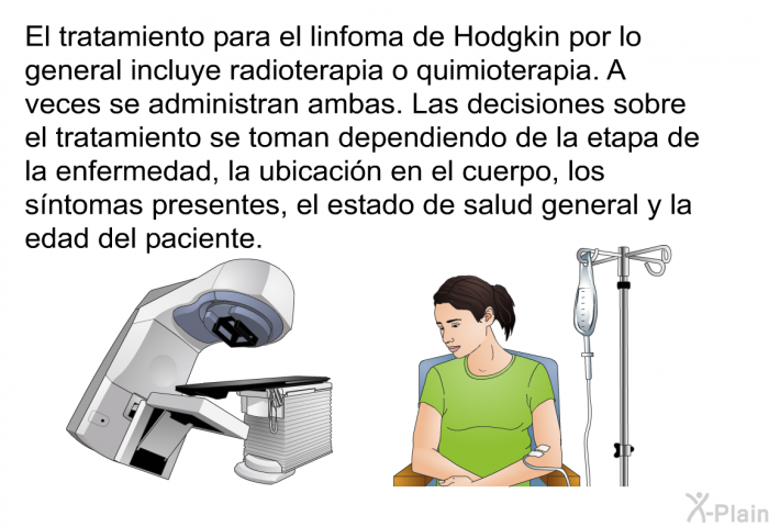 El tratamiento para el linfoma de Hodgkin por lo general incluye radioterapia o quimioterapia. A veces se administran ambas. Las decisiones sobre el tratamiento se toman dependiendo de la etapa de la enfermedad, la ubicacin en el cuerpo, los sntomas presentes, el estado de salud general y la edad del paciente.