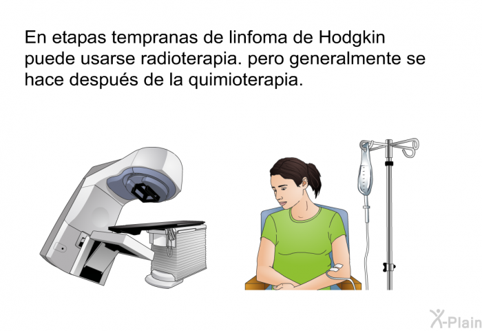 En etapas tempranas de linfoma de Hodgkin puede usarse radioterapia. pero generalmente se hace despus de la quimioterapia.