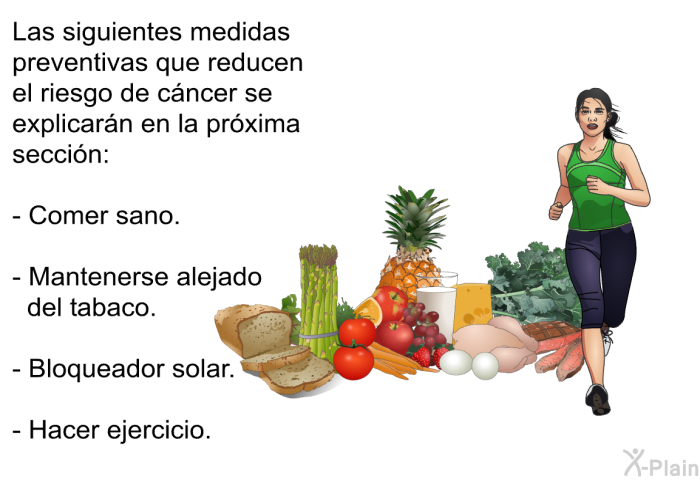 Las siguientes medidas preventivas que reducen el riesgo de cncer se explicarn en la prxima seccin:  Comer sano. Mantenerse alejado del tabaco.   Bloqueador solar. Hacer ejercicio.