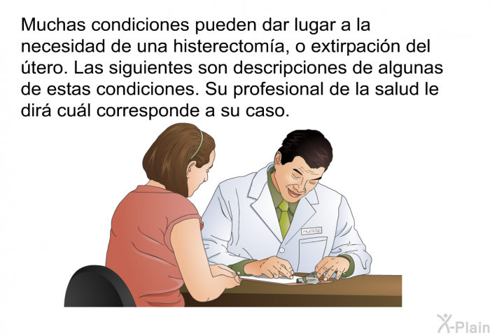 Muchas condiciones pueden dar lugar a la necesidad de una histerectoma, o extirpacin del tero. Las siguientes son descripciones de algunas de estas condiciones. Su profesional de la salud le dir cul corresponde a su caso.