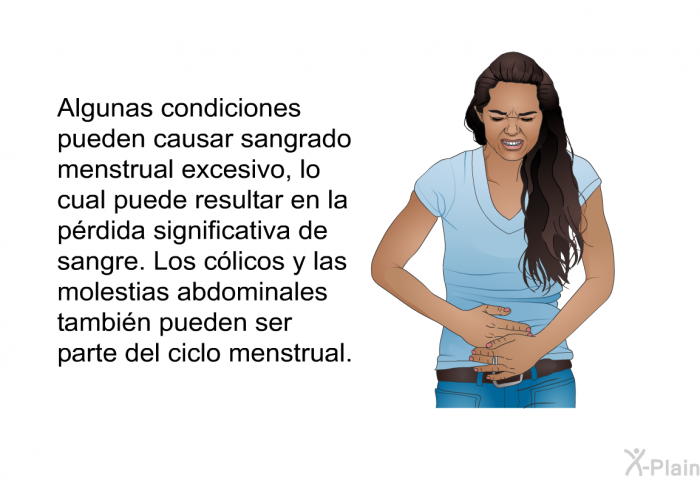 Algunas condiciones pueden causar sangrado menstrual excesivo, lo cual puede resultar en la prdida significativa de sangre. Los clicos y las molestias abdominales tambin pueden ser parte del ciclo menstrual.