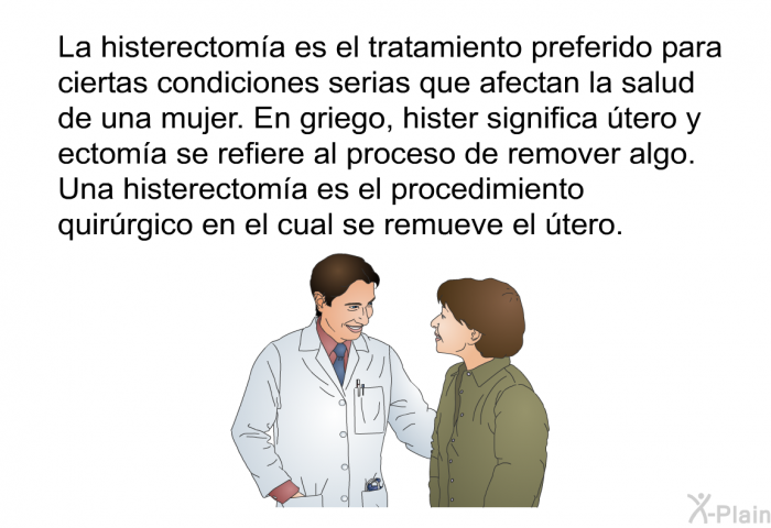 La histerectoma es el tratamiento preferido para ciertas condiciones serias que afectan la salud de una mujer. En griego, hister significa tero y ectoma se refiere al proceso de remover algo. Una histerectoma es el procedimiento quirrgico en el cual se remueve el tero.