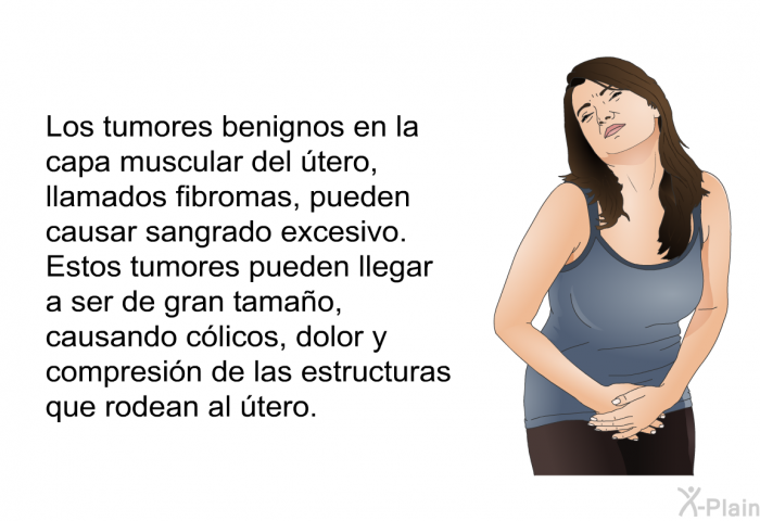 Los tumores benignos en la capa muscular del tero, llamados fibromas, pueden causar sangrado excesivo. Estos tumores pueden llegar a ser de gran tamao, causando clicos, dolor y compresin de las estructuras que rodean al tero.