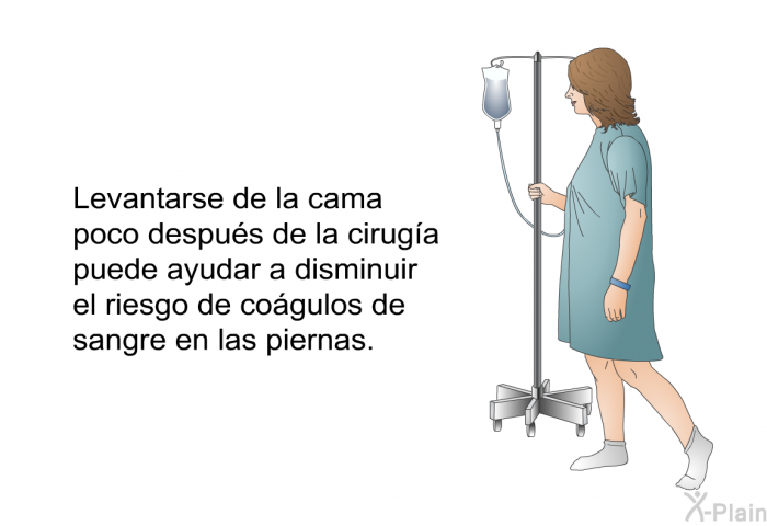 Levantarse de la cama poco despus de la ciruga puede ayudar a disminuir el riesgo de cogulos de sangre en las piernas.