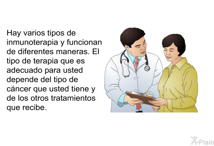 Hay varios tipos de inmunoterapia y funcionan de diferentes maneras. El tipo de terapia que es adecuado para usted depende del tipo de cncer que usted tiene y de los otros tratamientos que recibe.