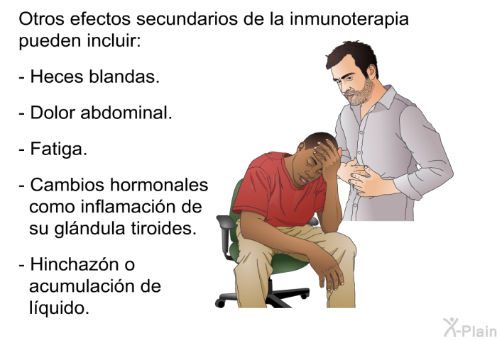 Otros efectos secundarios de la inmunoterapia pueden incluir:  Heces blandas. Dolor abdominal.   Fatiga. Cambios hormonales como inflamaci�n de su gl�ndula tiroides. Hinchaz�n o acumulaci�n de l�quido.