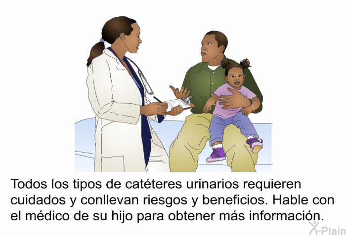 Todos los tipos de catteres urinarios requieren cuidados y conllevan riesgos y beneficios. Hable con el mdico de su hijo para obtener ms informacin.