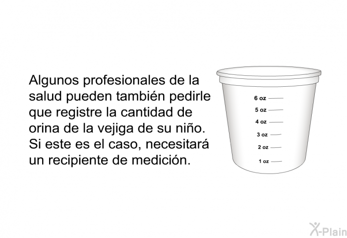 Algunos profesionales de la salud pueden tambin pedirle que registre la cantidad de orina de la vejiga de su nio. Si este es el caso, necesitar un recipiente de medicin.