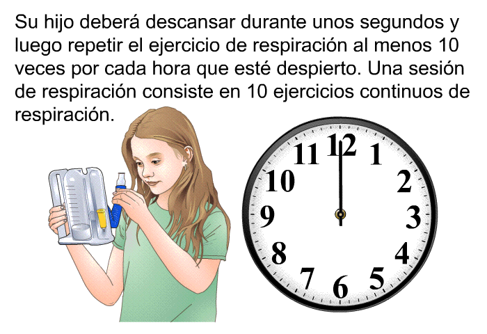 Su hijo deber descansar durante unos segundos y luego repetir el ejercicio de respiracin al menos 10 veces por cada hora que est despierto. Una sesin de respiracin consiste en 10 ejercicios continuos de respiracin.
