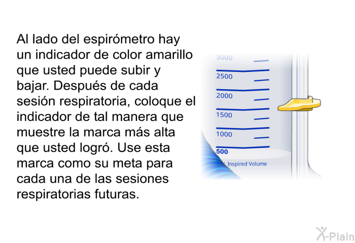 Al lado del espirmetro hay un indicador de color amarillo que usted puede subir y bajar. Despus de cada sesin respiratoria, coloque el indicador de tal manera que muestre la marca ms alta que usted logr. Use esta marca como su meta para cada una de las sesiones respiratorias futuras.