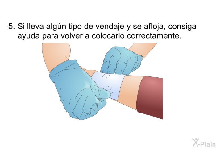 Si lleva algn tipo de vendaje y se afloja, consiga ayuda para volver a colocarlo correctamente.